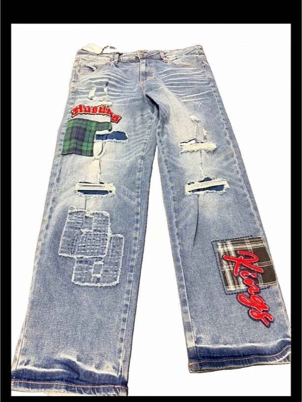 Rue21 Distressed Plaid-Patch Blue Boyfriend Jeans